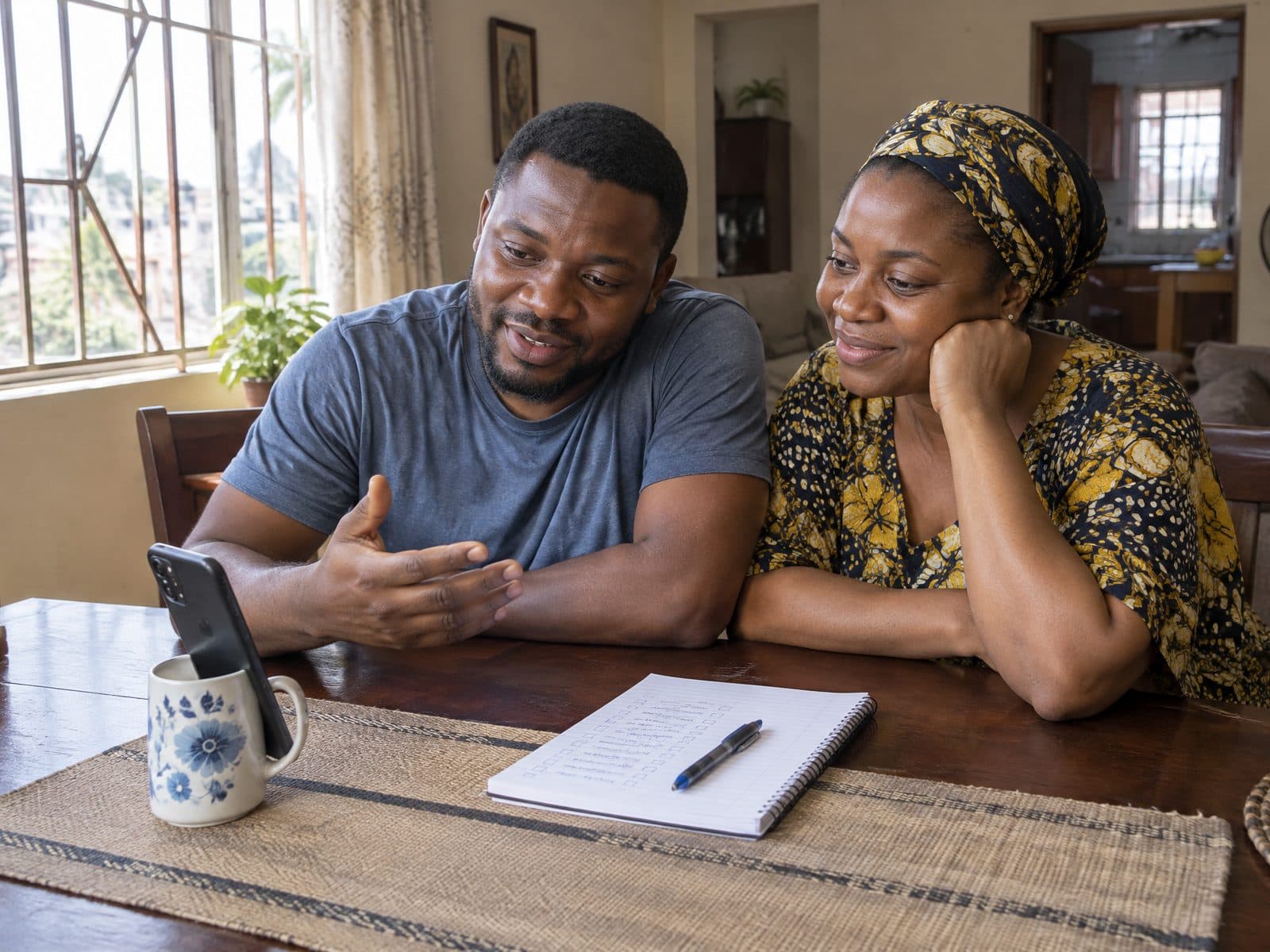 A couple at their dining table on a video call, with a list of household appliances on a notepad