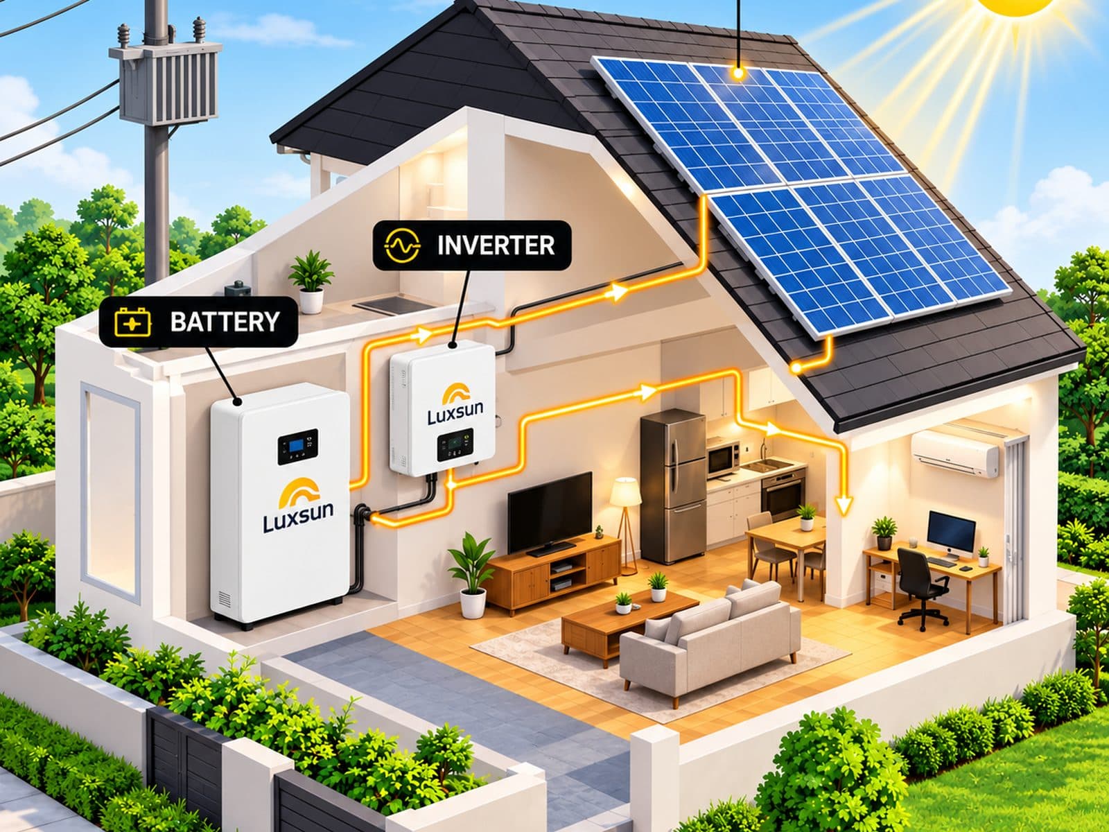 Illustration of a home solar system: roof panels, an inverter and a battery wired to the house