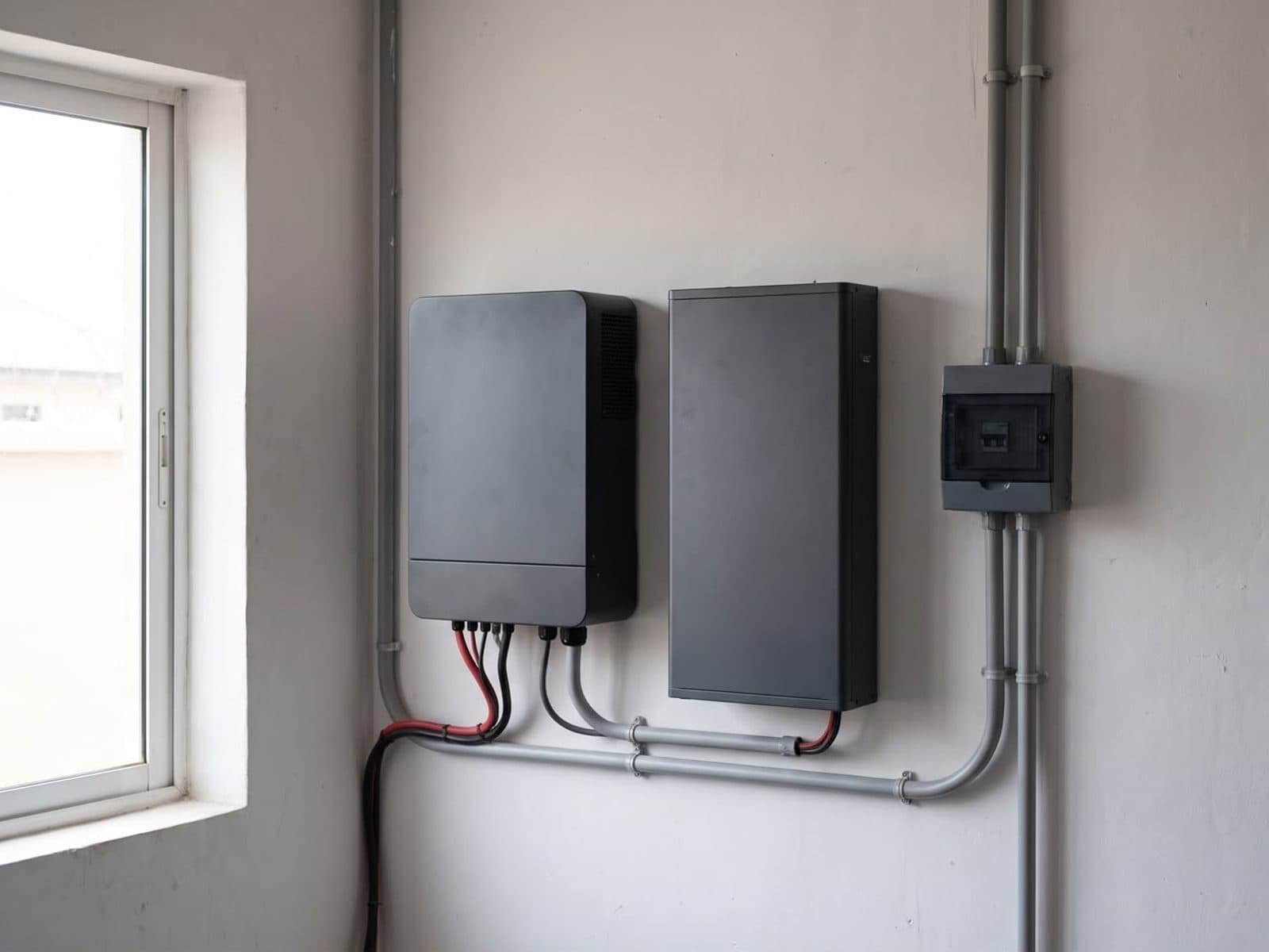 An inverter and battery neatly mounted on a wall with cables in conduit