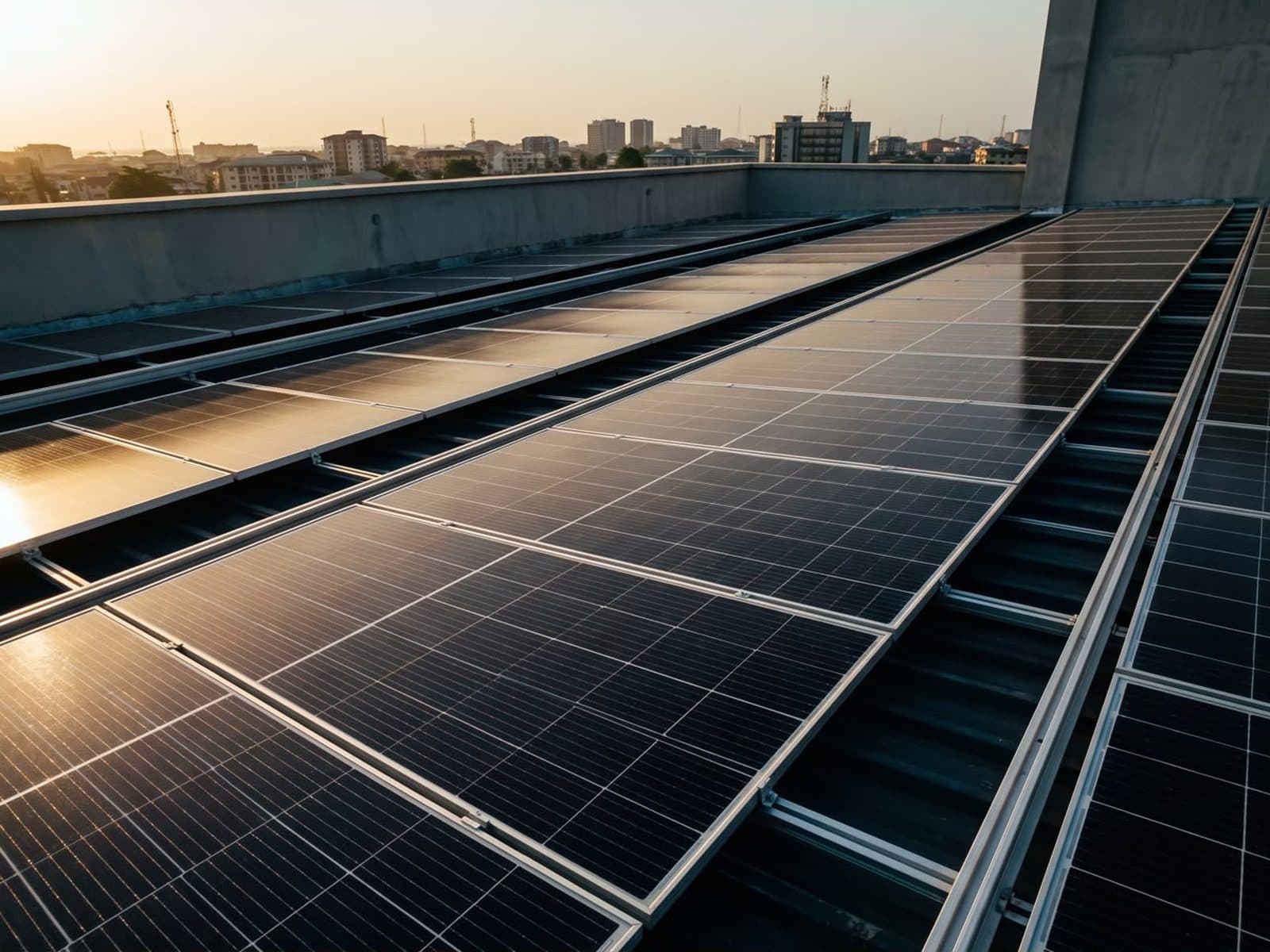 A long rooftop solar array above a city skyline at sunset