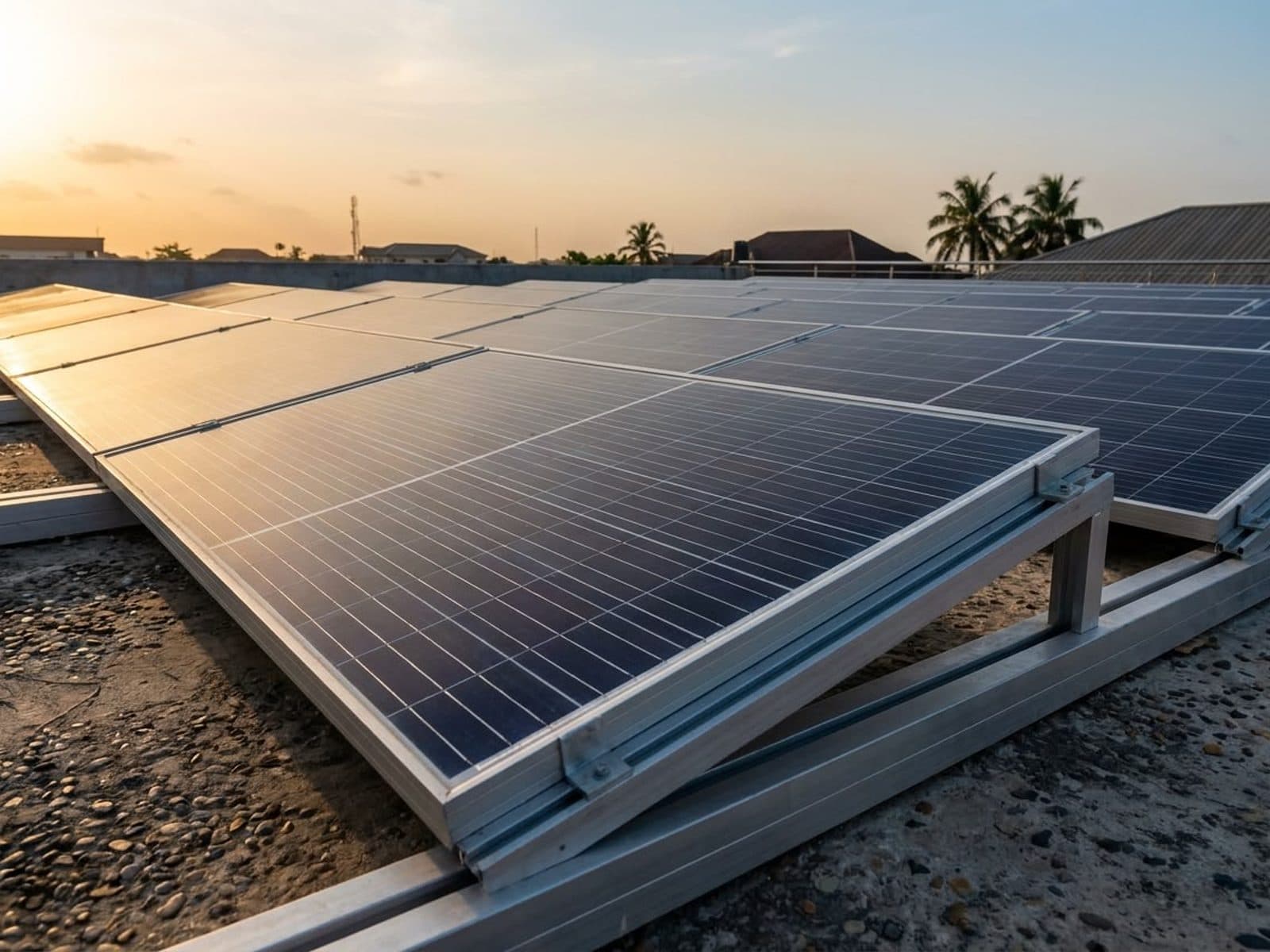 Rows of rooftop solar panels on mounting rails in late-afternoon sun