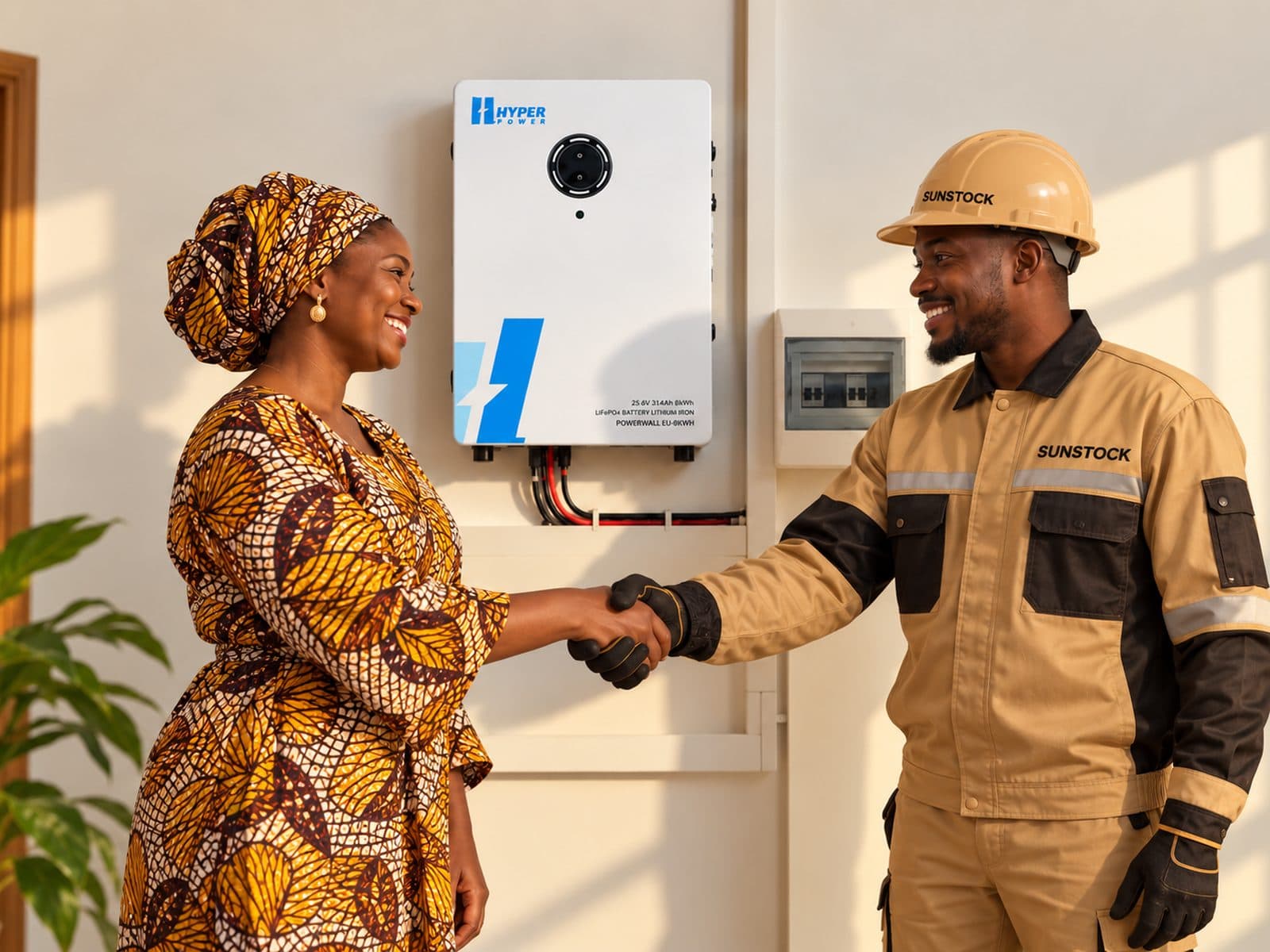 A technician shaking hands with a customer beside a newly fitted wall battery