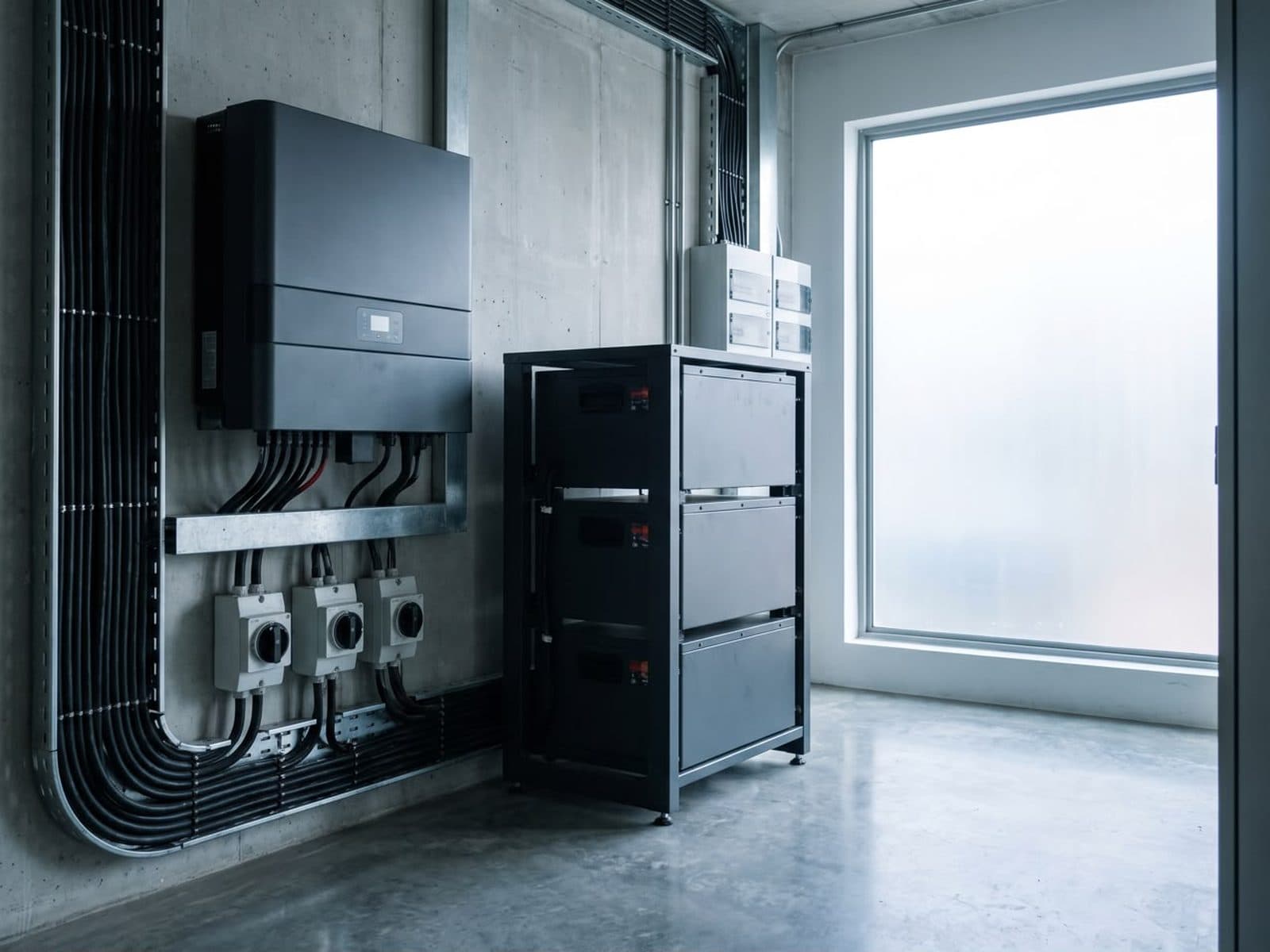 An inverter and battery rack installed in a clean plant room